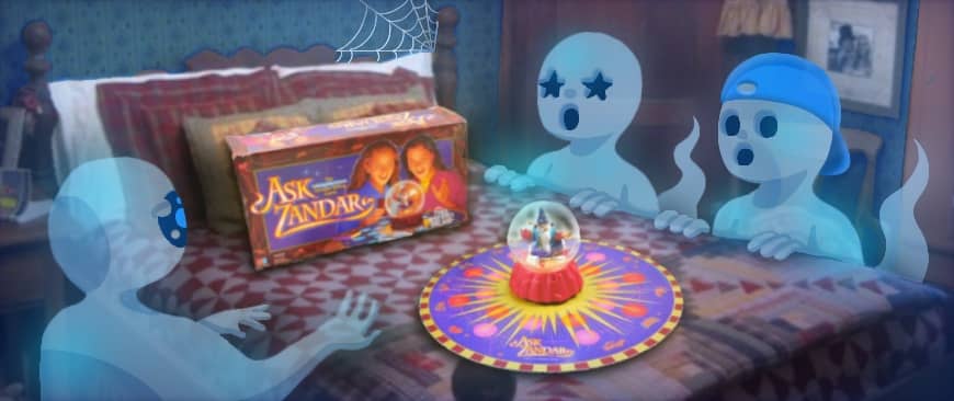 Three amazed looking ghosts playing the Ask Zander board game