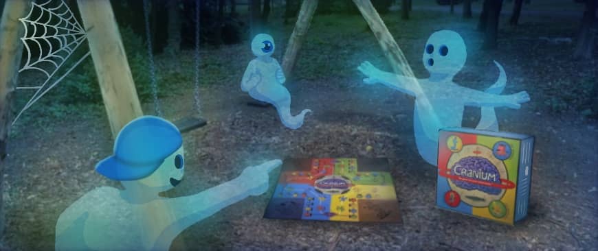 Three ghosts in a haunted playground playing charades as part of the Cranium board game