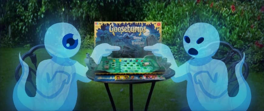 Two ghosts ironically playing the Goosebumps board game where they try to defeat a decapitated ghost
