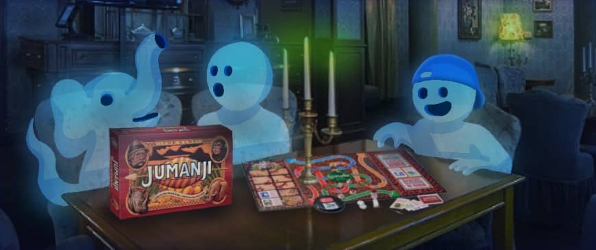 Three ghosts playing the Jumanji board game, one ghost has turned into an elephant