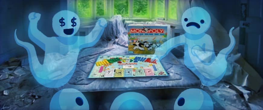 A bunch of ghost friends playing the Monopoly Junior board game, one ghost is unhappy they have been sent to jail