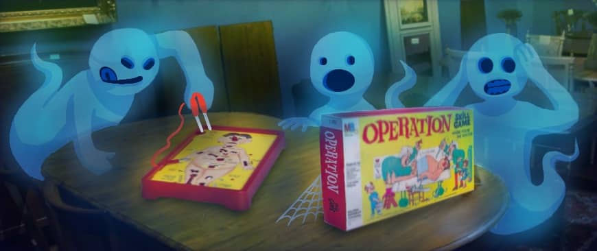 Three ghosts on the edge of their seats playing the Operation board game