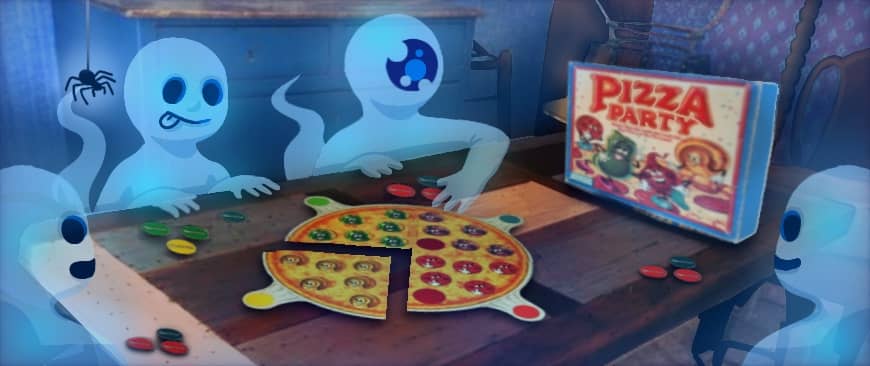Four hungry looking ghosts playing the Pizza Party board game 