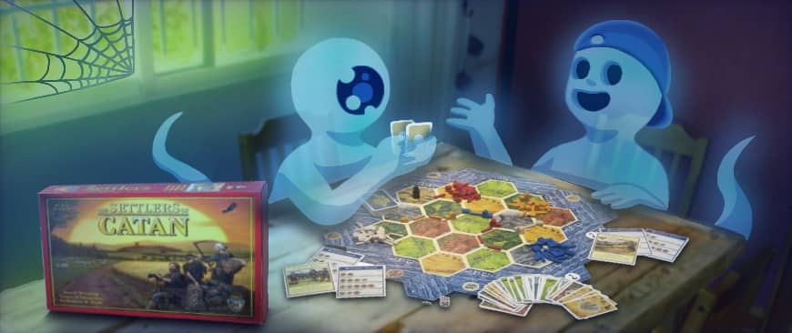 wo ghost friends playing the Settlers of Catan board game in a haunted kitchen