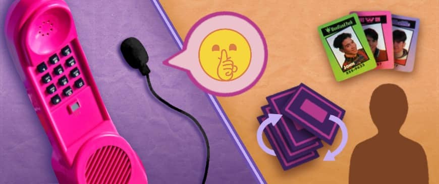 The main game pieces needed to play include the iconic pink phone, Dream Phone Guy photo cards and other action cards
