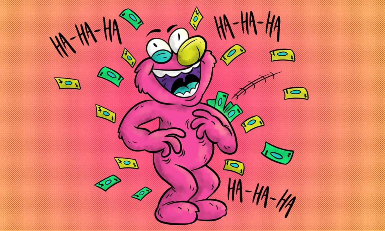 The original Tickle Me Elmo from 1996 giggling with money