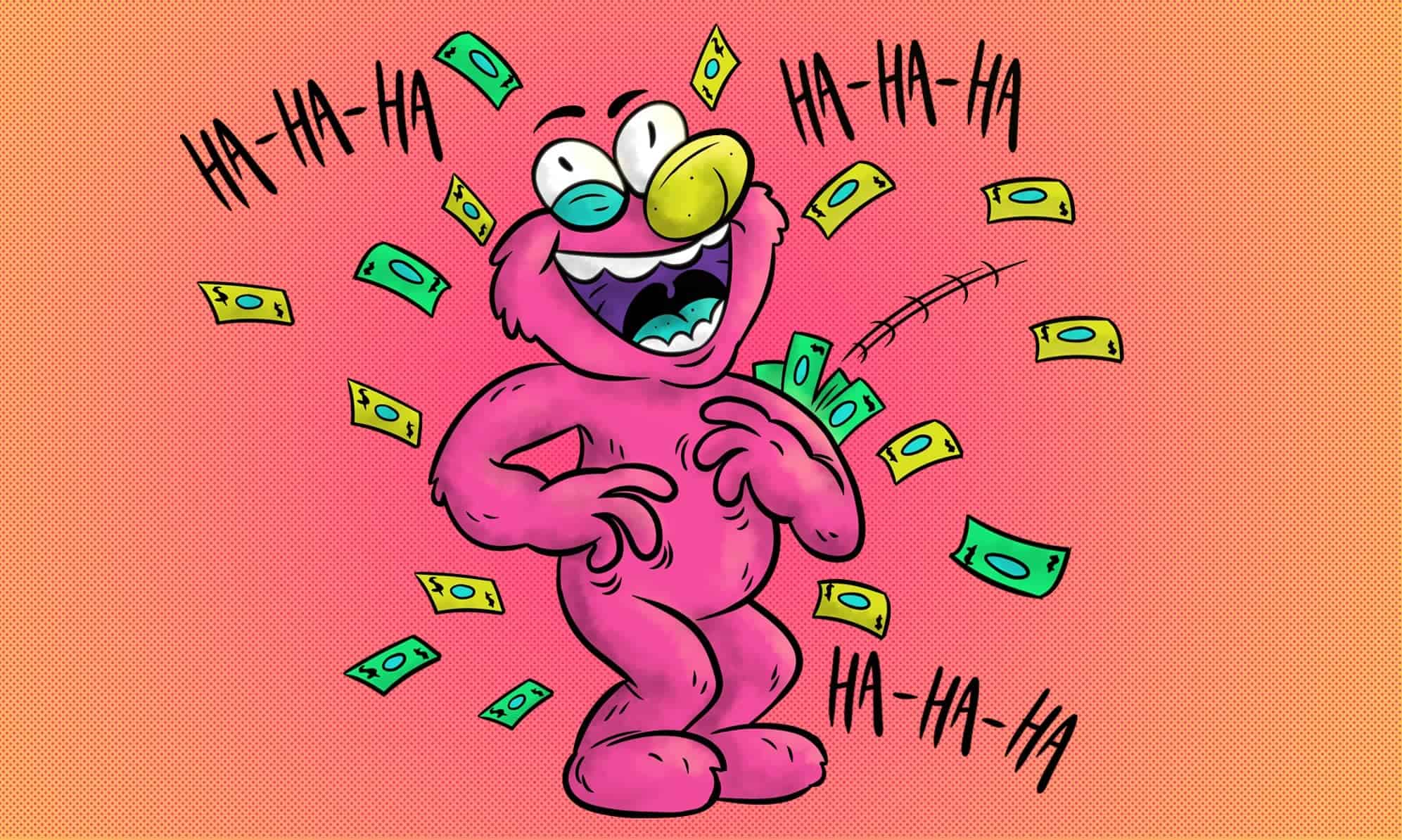 The original Tickle Me Elmo from 1996 giggling with money