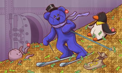 Princess Bear skiing through a money vault