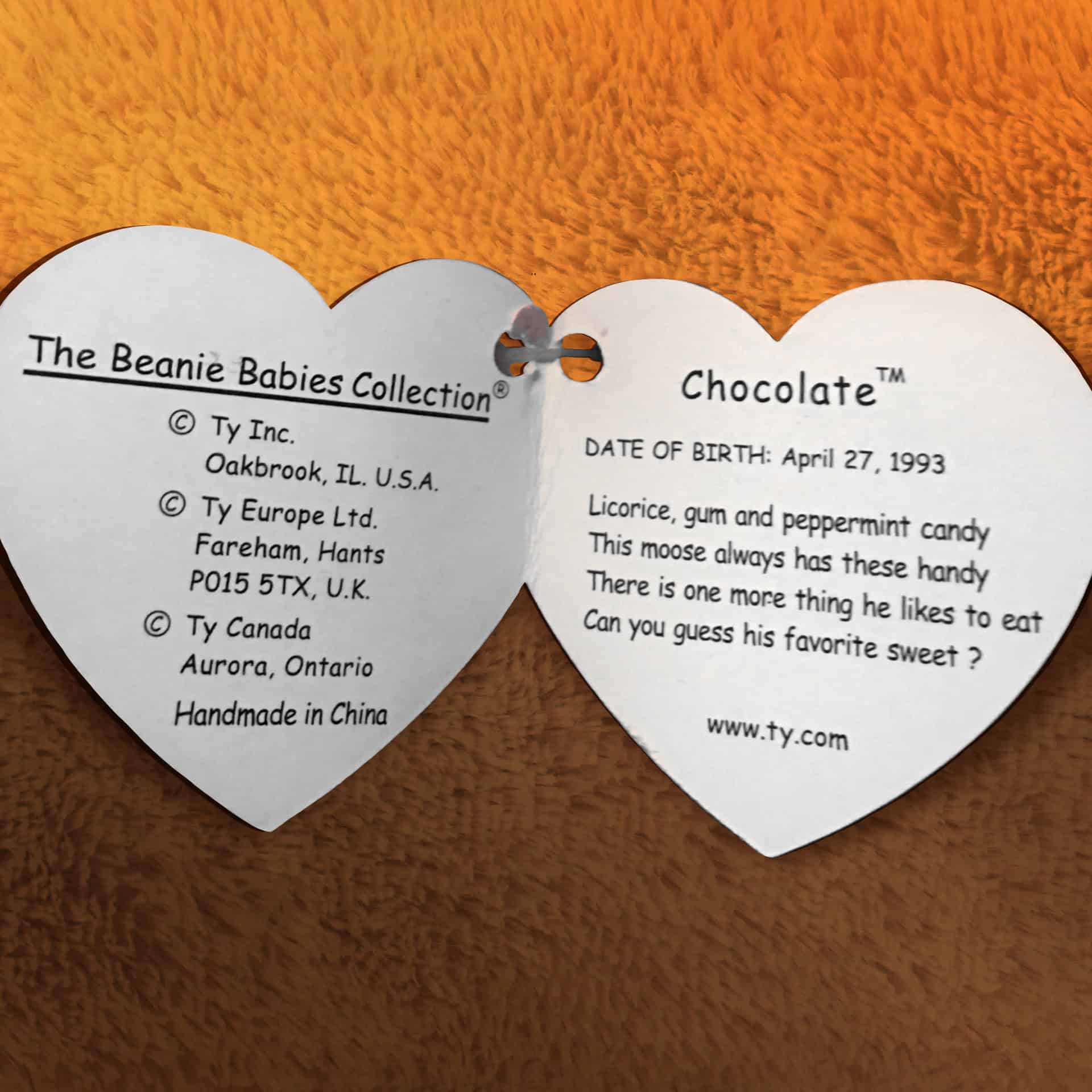 Chocolate The Moose info and poem inside hang tag