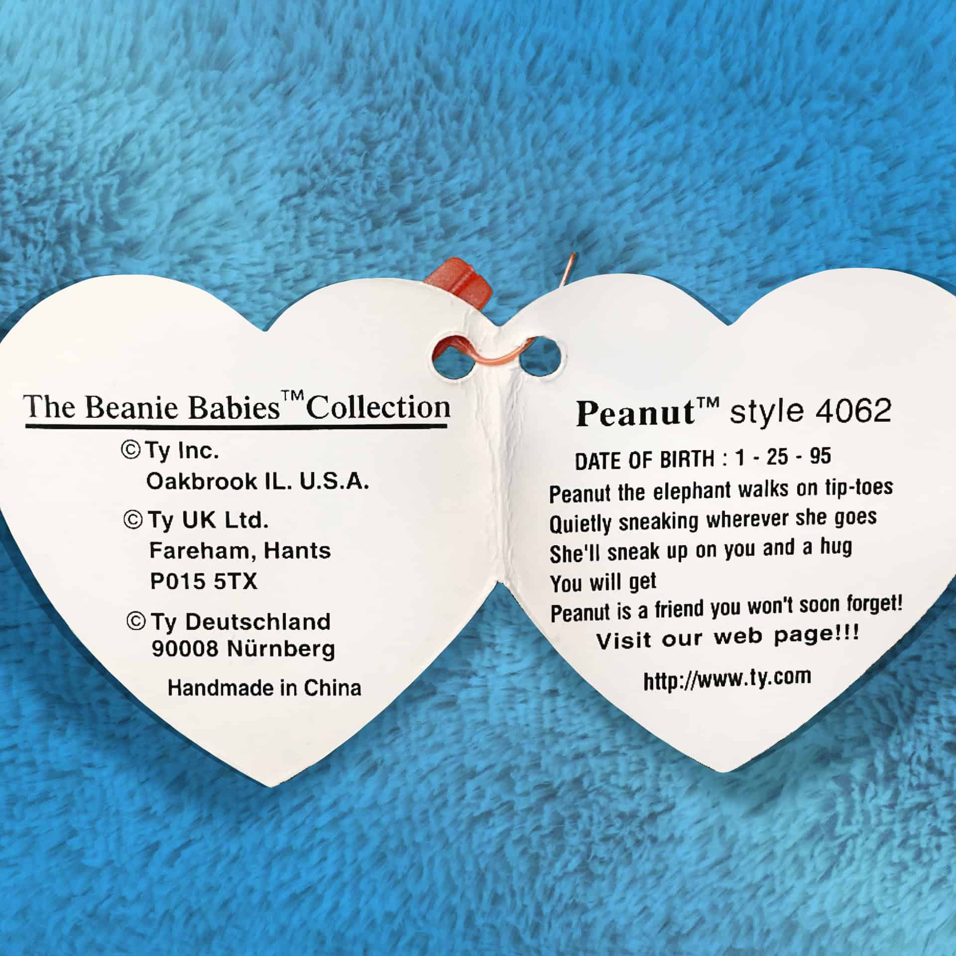 Peanut the Elephant light blue info and poem inside hang tag