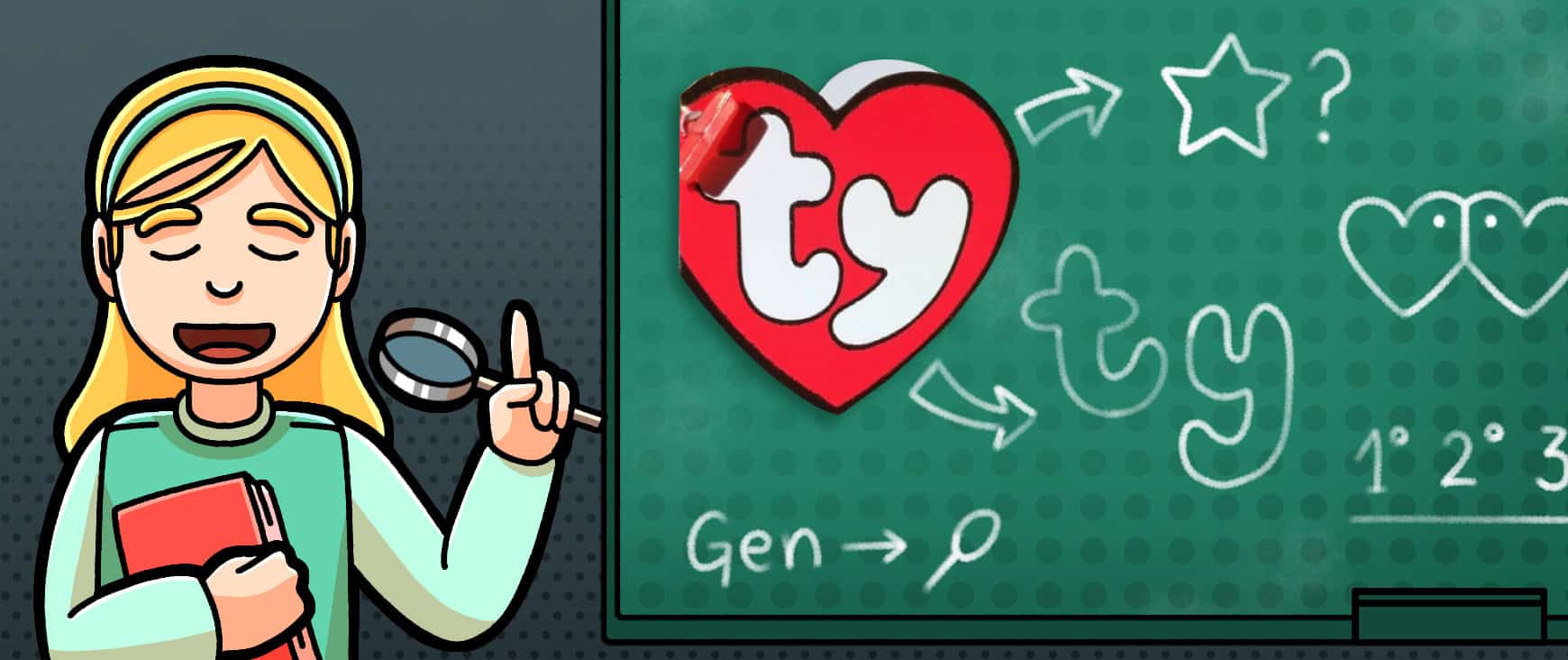 Teacher helping identify the generation of tag a Beanie Baby has